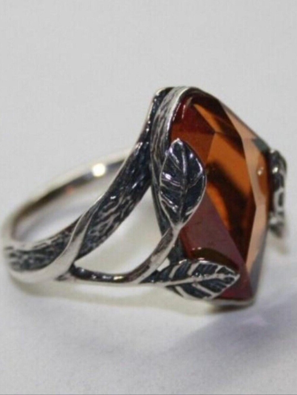 Silpada Silver Leaf Ring with Amber-Brown Faceted Stone